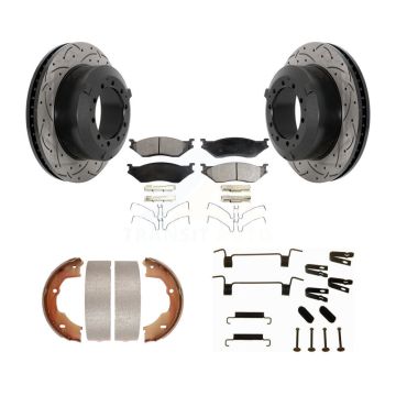 Rear Disc Drilled & Slotted Rotors Semi-Metallic Pads Parking Shoes And Hardware Kit For KDF-101723