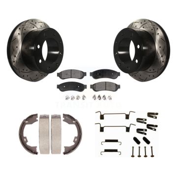 Rear Disc Drilled & Slotted Rotors Semi-Metallic Pads Parking Shoes Hardware Kit For Ford KDF-101725