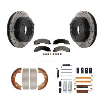 Rear Disc Drilled & Slotted Rotors Semi-Metallic Pads Parking Shoes Hardware Kit For Ram KDF-101726