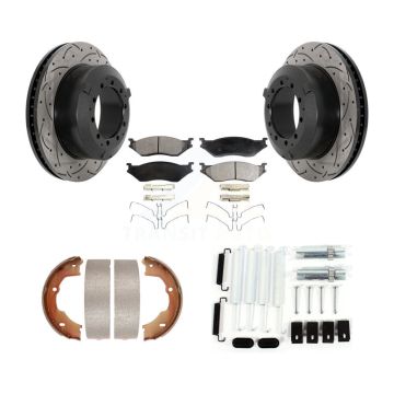 Rear Disc Drilled & Slotted Rotors Semi-Metallic Pads Parking Shoes And Hardware Kit For KDF-101727