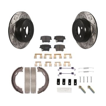 Rear Disc Drilled & Slotted Rotors Semi-Metallic Pads Parking Shoes Hardware Kit For 300 KDF-101729