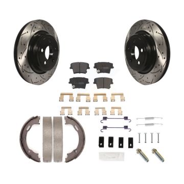 Rear Disc Drilled & Slotted Rotors Semi-Metallic Pads Parking Shoes And Hardware Kit For KDF-101730