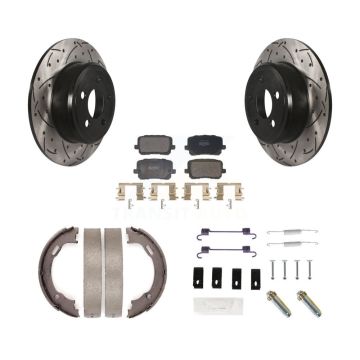 Rear Disc Drilled & Slotted Rotors Semi-Metallic Pads Parking Shoes And Hardware Kit For KDF-101734