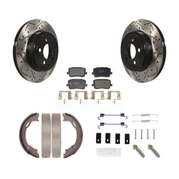 Rear Disc Drilled & Slotted Rotors Semi-Metallic Pads Parking Shoes And Hardware Kit For KDF-101735