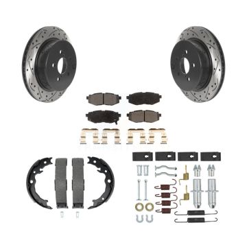 Rear Disc Drilled & Slotted Rotors Semi-Metallic Pads Parking Shoes And Hardware Kit For KDF-101736