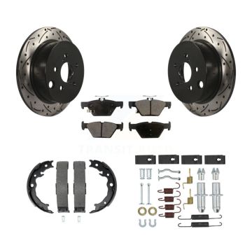 Rear Disc Drilled & Slotted Rotors Semi-Metallic Pads Parking Shoes And Hardware Kit For KDF-101737