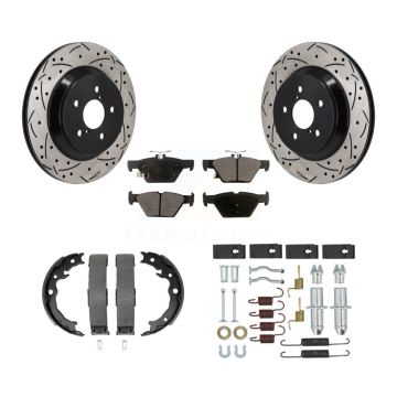 Rear Disc Drilled & Slotted Rotors Semi-Metallic Pads Parking Shoes And Hardware Kit For KDF-101738