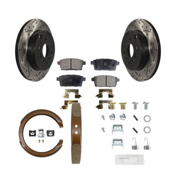 Rear Disc Drilled & Slotted Rotors Semi-Metallic Pads Parking Shoes And Hardware Kit For KDF-101740