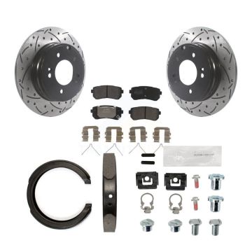 Rear Disc Drilled & Slotted Rotors Semi-Metallic Pads Parking Shoes And Hardware Kit For KDF-101743