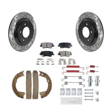 Rear Disc Drilled & Slotted Rotors Semi-Metallic Pads Parking Shoes And Hardware Kit For KDF-101746