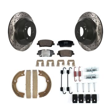 Rear Disc Drilled & Slotted Rotors Semi-Metallic Pads Parking Shoes Hardware Kit For Fe KDF-101747