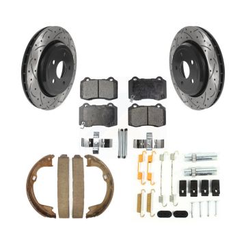 Rear Disc Drilled & Slotted Rotors Semi-Metallic Pads Parking Shoes Hardware Kit For Jeep KDF-101751