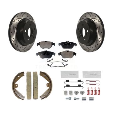 Rear Disc Drilled & Slotted Rotors Semi-Metallic Pads Parking Shoes And Hardware Kit For KDF-101755