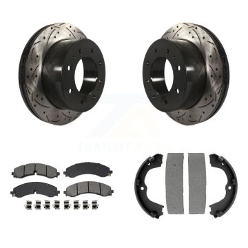 Rear Disc Drilled & Slotted Rotors Semi-Metallic Pads Parking Shoes Kit For GMC Chevrolet KDS-101211