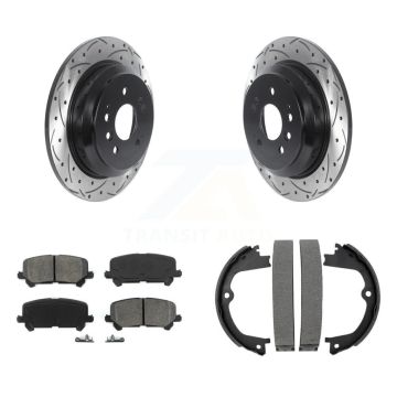 Rear Disc Drilled & Slotted Rotors Semi-Metallic Pads Parking Shoes Kit For Honda Pilot KDS-101214