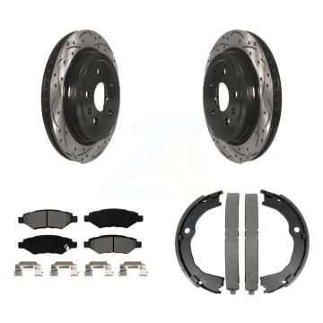 Rear Disc Drilled & Slotted Rotors Semi-Metallic Pads Parking Shoes Kit For Chevrolet CTS KDS-101215