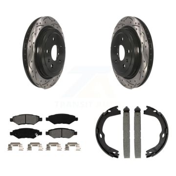 Rear Disc Drilled & Slotted Rotors Semi-Metallic Pads Parking Shoes Kit For Cadillac CTS KDS-101217