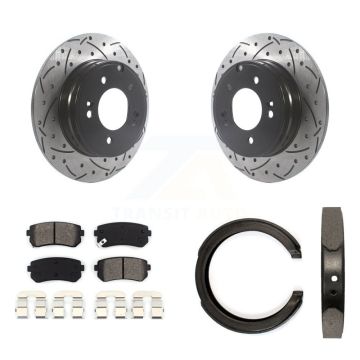 Rear Disc Drilled & Slotted Rotors Semi-Metallic Pads Parking Shoes Kit For Hyundai Kia KDS-101221