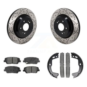 Rear Disc Drilled & Slotted Rotors Semi-Metallic Pads Parking Shoes Kit For Genesis G80 KDS-101226