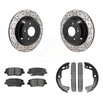 Rear Disc Drilled & Slotted Rotors Semi-Metallic Pads Parking Shoes Kit For Kia Stinger KDS-101227
