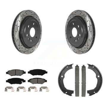 Rear Disc Drilled & Slotted Rotors Semi-Metallic Pads Parking Shoes Kit For Cadillac SRX KDS-101230