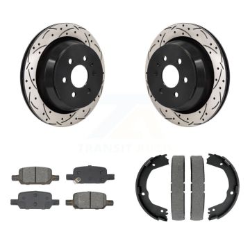 Rear Disc Drilled & Slotted Rotors Semi-Metallic Pads Parking Shoes Kit For Chevrolet GMC KDS-101232