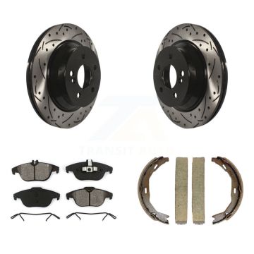 Rear Disc Drilled & Slotted Rotors Semi-Metallic Pads And Parking Brake Shoes Kit For KDS-101237