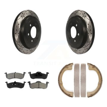 Rear Disc Drilled & Slotted Rotors Semi-Metallic Pads Parking Shoes Kit For Ford Lincoln KDS-101240