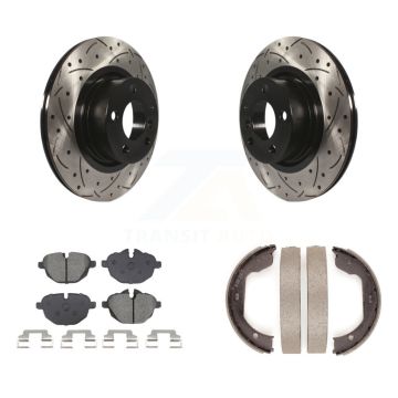 Rear Disc Drilled & Slotted Rotors Semi-Metallic Pads Parking Brake Shoes Kit For BMW X3 KDS-101253