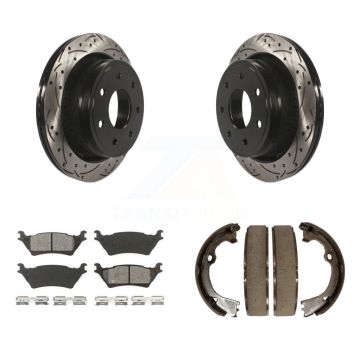 Rear Disc Drilled & Slotted Rotors Semi-Metallic Pads Parking Shoes Kit For Ford F-150 KDS-101254
