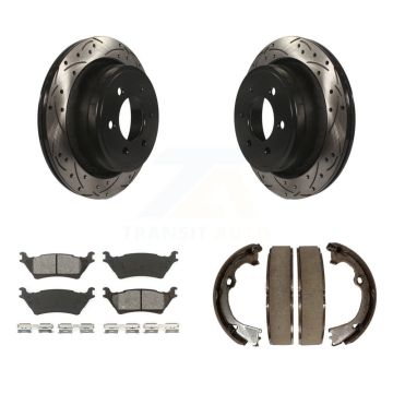 Rear Disc Drilled & Slotted Rotors Semi-Metallic Pads Parking Shoes Kit For Ford F-150 KDS-101255