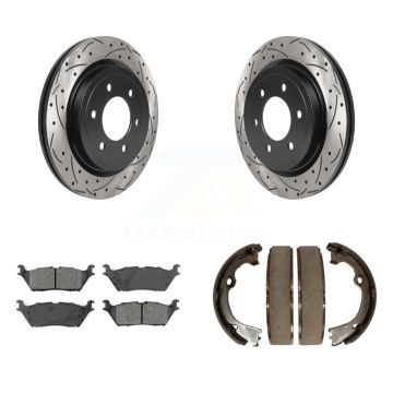 Rear Disc Drilled & Slotted Rotors Semi-Metallic Pads Parking Shoes Kit For Ford F-150 KDS-101257