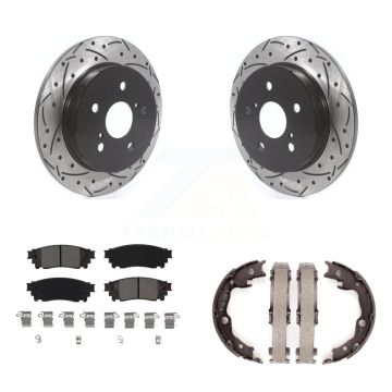 Rear Disc Drilled & Slotted Rotors Semi-Metallic Pads Parking Shoes Kit For Toyota Camry KDS-101271