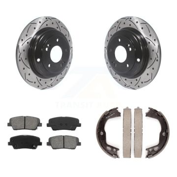 Rear Disc Drilled & Slotted Rotors Semi-Metallic Pads And Parking Brake Shoes Kit For KDS-101275