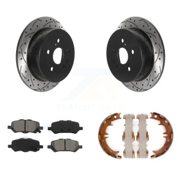 Rear Disc Drilled & Slotted Rotors Semi-Metallic Pads Parking Shoes Kit For Toyota Venza KDS-101277
