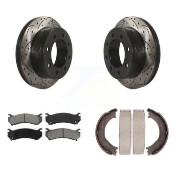 Rear Disc Drilled & Slotted Rotors Semi-Metallic Pads Parking Shoes Kit For Chevrolet GMC KDS-101282