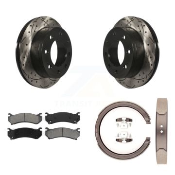 Rear Disc Drilled & Slotted Rotors Semi-Metallic Pads Parking Shoes Kit For GMC Chevrolet KDS-101283