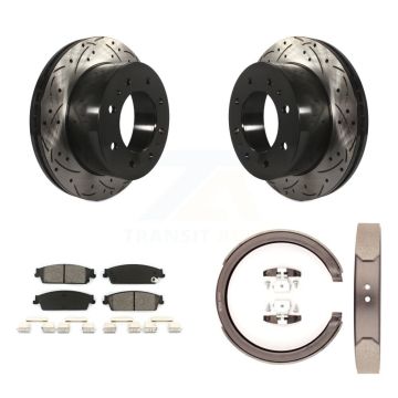Rear Disc Drilled & Slotted Rotors Semi-Metallic Pads And Parking Brake Shoes Kit For KDS-101285