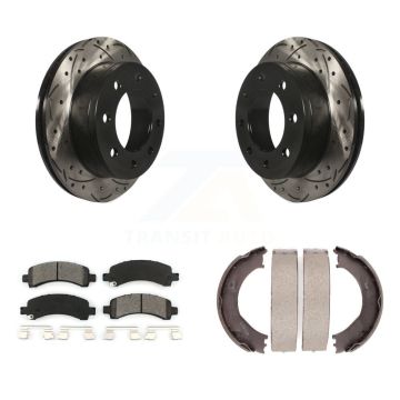 Rear Disc Drilled & Slotted Rotors Semi-Metallic Pads Parking Shoes Kit For Chevrolet GMC KDS-101291