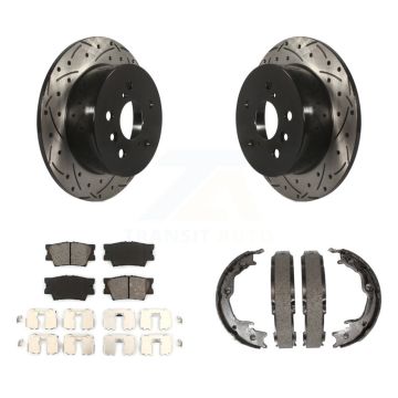 Rear Disc Drilled & Slotted Rotors Semi-Metallic Pads Parking Shoes Kit For Toyota Camry KDS-101295