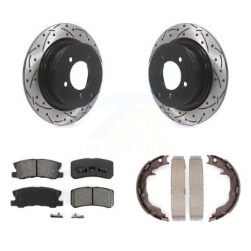 Rear Disc Drilled & Slotted Rotors Semi-Metallic Pads Parking Shoes Kit For Jeep Patriot KDS-101296