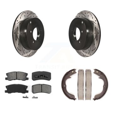 Rear Disc Drilled & Slotted Rotors Semi-Metallic Pads Parking Shoes Kit For Mitsubishi KDS-101298