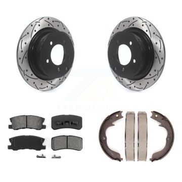 Rear Disc Drilled & Slotted Rotors Semi-Metallic Pads And Parking Brake Shoes Kit For KDS-101300