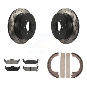 Rear Disc Drilled & Slotted Rotors Semi-Metallic Pads Parking Shoes Kit For Ford F-150 LT KDS-101301