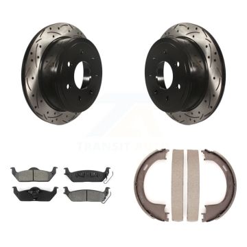 Rear Disc Drilled & Slotted Rotors Semi-Metallic Pads Parking Shoes Kit For Ford F-150 LT KDS-101302