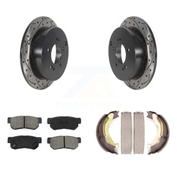 Rear Disc Drilled & Slotted Rotors Semi-Metallic Pads Parking Shoes Kit For Hyundai Kia KDS-101304
