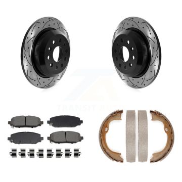 Rear Disc Drilled & Slotted Rotors Semi-Metallic Pads Parking Shoes Kit For Jeep Wrangler KDS-101309