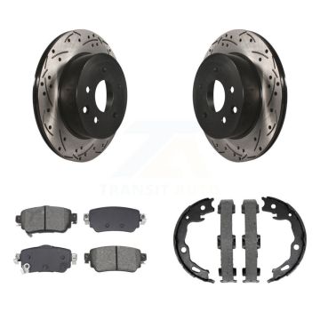 Rear Disc Drilled & Slotted Rotors Semi-Metallic Pads And Parking Brake Shoes Kit For KDS-101319