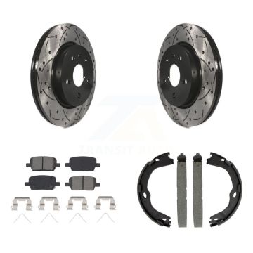 Rear Disc Drilled & Slotted Rotors Semi-Metallic Pads And Parking Brake Shoes Kit For KDS-101325