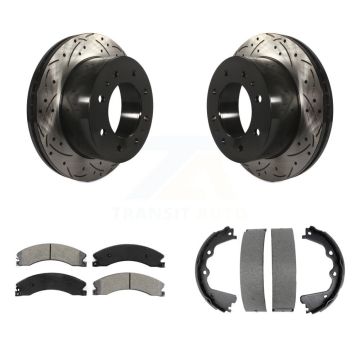 Rear Disc Drilled & Slotted Rotors Semi-Metallic Pads Parking Shoes Kit For GMC Sierra HD KDS-101327